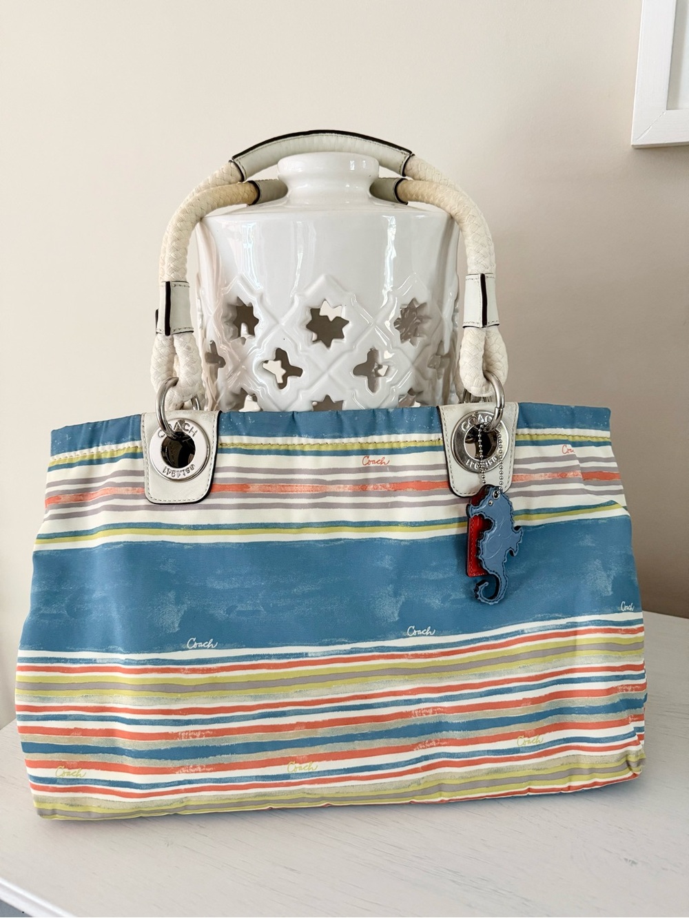 Coach Nautical Stripe East West Beach Tote with Rare Seahorse Hang Tag